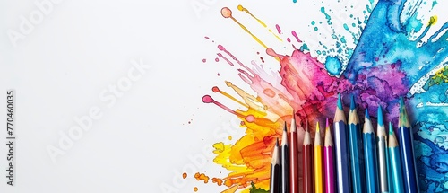  A colorful set of pencils sits together on a white background with a touch of paint