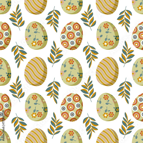 Painted Easter eggs, spring twigs and leaves form a seamless pattern on a white background for textile and wrapping paper. 