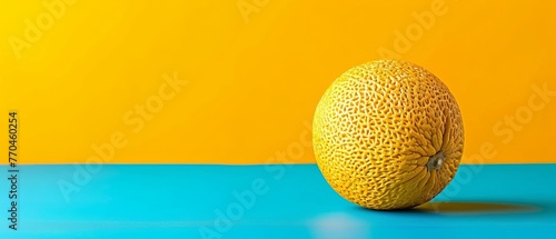   A cantaloupe rests atop a blue table beside a yellow-blue wall against a yellow backdrop