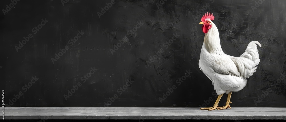   A rooster perches atop a ledge against a black backdrop, its red comb gleaming as it gazes into the distance - obrazy, fototapety, plakaty 