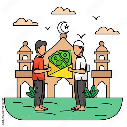 Help with Zaka Money Concept, Cash Giving to Needy Poor Brother vector colorline Design, Ramadan and Eid al-Fitr Symbol, Islamic and Muslims fasting Sign Arabic holidays celebration stock illustration