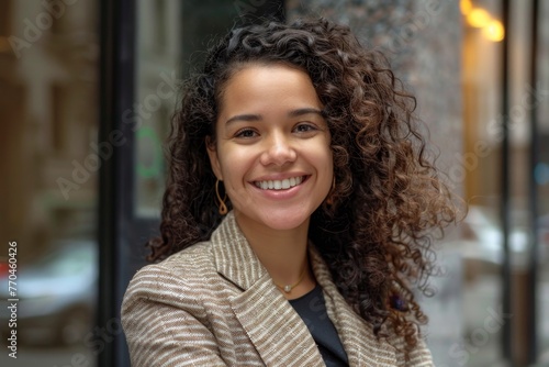 Portrait of a cheerful young Hispanic businesswoman with curly hair taking a break outside an office building, Generative AI © Kavita Das