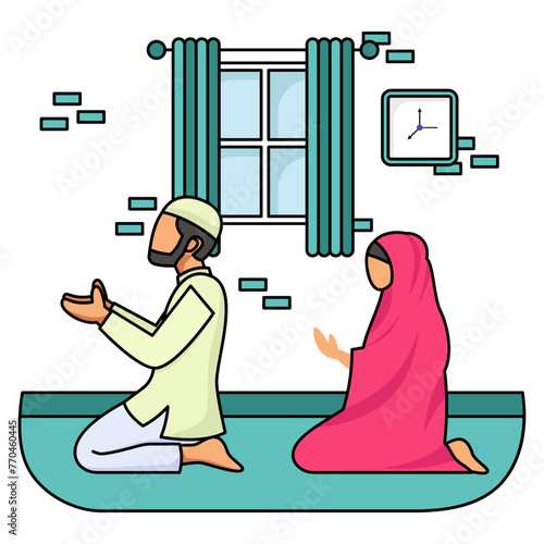 Muslim Couple Praying Salat together, husband and wife, woman and man ibadah together in jamaah concept vector colorline Design, Ramadan Eid al-Fitr Symbol, Islamic and Muslim fasting Sign Arabic holy photo
