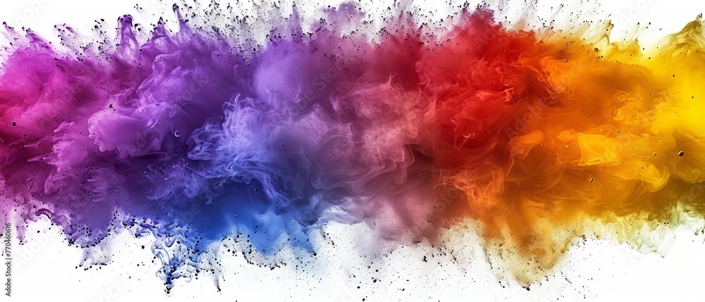   A colorful cloud of smoke forms a rainbow on a white backdrop with room for text