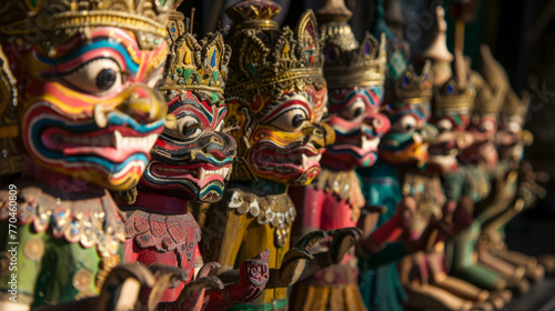Traditional Balinese masks line up, each depicting a character with cultural and artistic significance photo