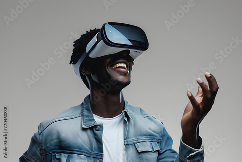 Excitement radiates from a black man as he wears a VR headset, experiencing the sensation of virtual reality. Generative ai