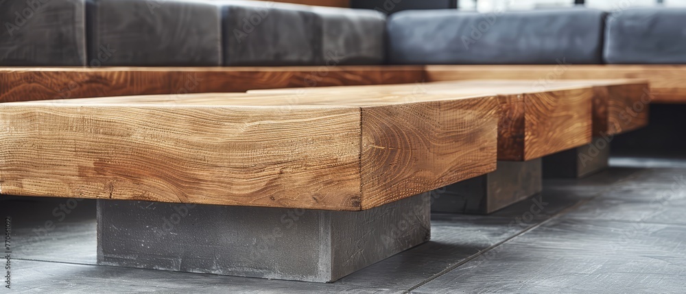 A close-up image of a wooden bench surrounded by black leather furniture, including two couches and a sofa behind A close-up image of a wooden bench surrounded by black leather furniture, including two couches and a sofa behind