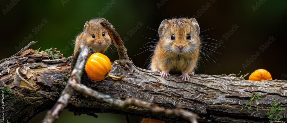 Brown mice sitting on tree branches with oranges in front of green background Brown mice sitting on tree branches with oranges in front of green background