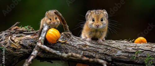  Brown mice sitting on tree branches with oranges in front of green background