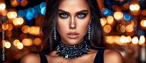  Close-up of a woman in black dress with blue eyes and jewelry necklace
