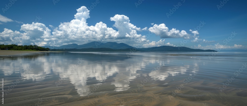   A vast expanse of water with clouds overhead, a sandy shore in close proximity, and majestic mountains afar