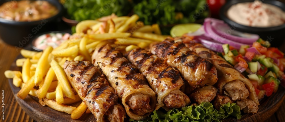 A platter with chicken, fries, salad, and cole slaw on wood A platter with chicken, fries, salad, and cole slaw on wood