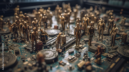 dozens of people on a circuit board with bitcoin coins in the background