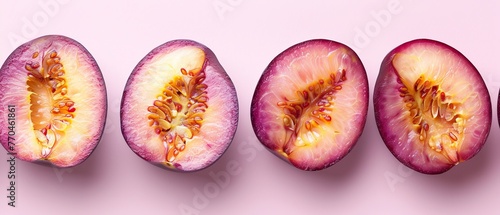  A cluster of fruits resting on a pale-pink background, with one piece bisected and the other partitioned