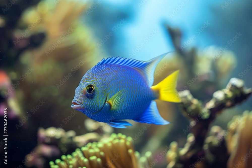 A blue fish with yellow fins swimming in a coral reef. The fish is surrounded by green and pink coral A blue fish with yellow fins swimming in a coral reef. The fish is surrounded by green and pink coral