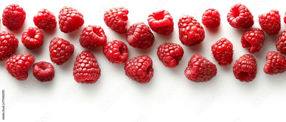 A collection of raspberries arranged on a white table against a white backdrop A collection of raspberries arranged on a white table against a white backdrop