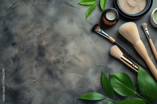A makeup brush set is displayed on a grey background with a leafy green background. The brushes are arranged in a way that they look like they are ready to be used. Scene is one of beauty and elegance
