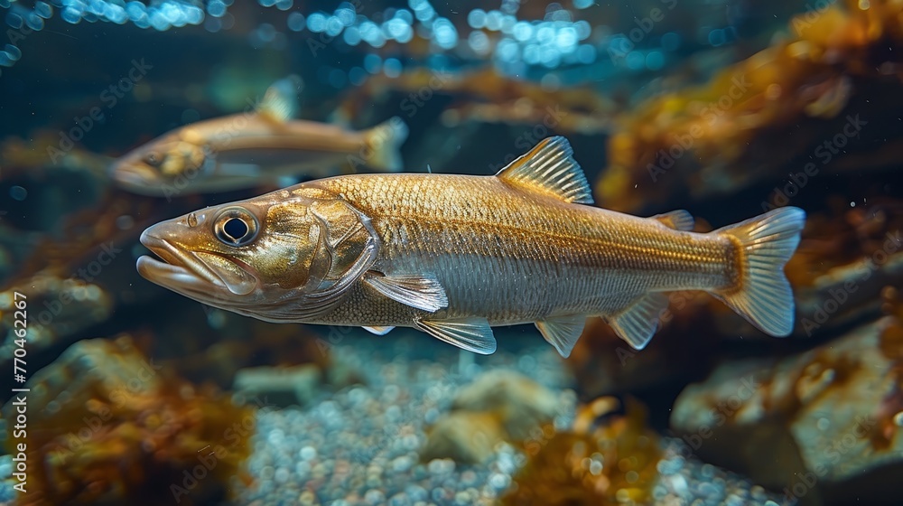 A close-up of a fish in an aquarium surrounded by other fish and rocks in the background A close-up of a fish in an aquarium surrounded by other fish and rocks in the background