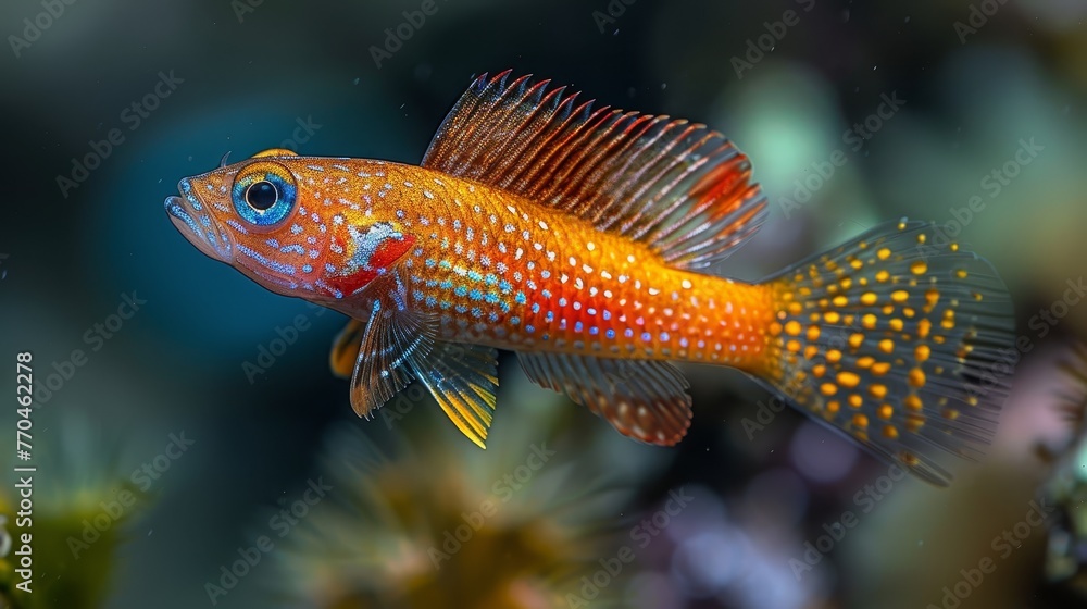 Close-up of a fish in aquarium with plants in foreground, blue sky in background Close-up of a fish in aquarium with plants in foreground, blue sky in background