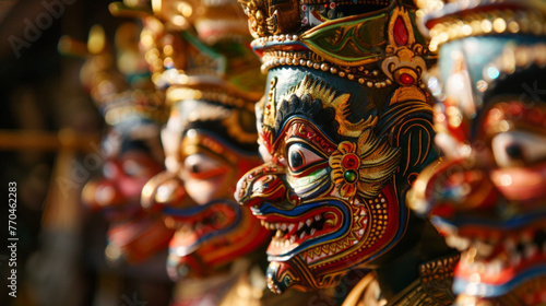 An array of handcrafted Balinese wooden masks captured in close-up with a focus on detail and craftsmanship