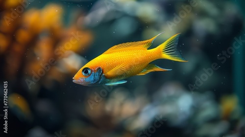  A close-up of a yellow fish in an aquarium surrounded by fish and plants