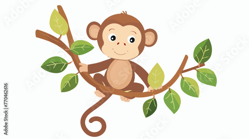 Cartoon baby monkey hanging on a tree branch flat vector
