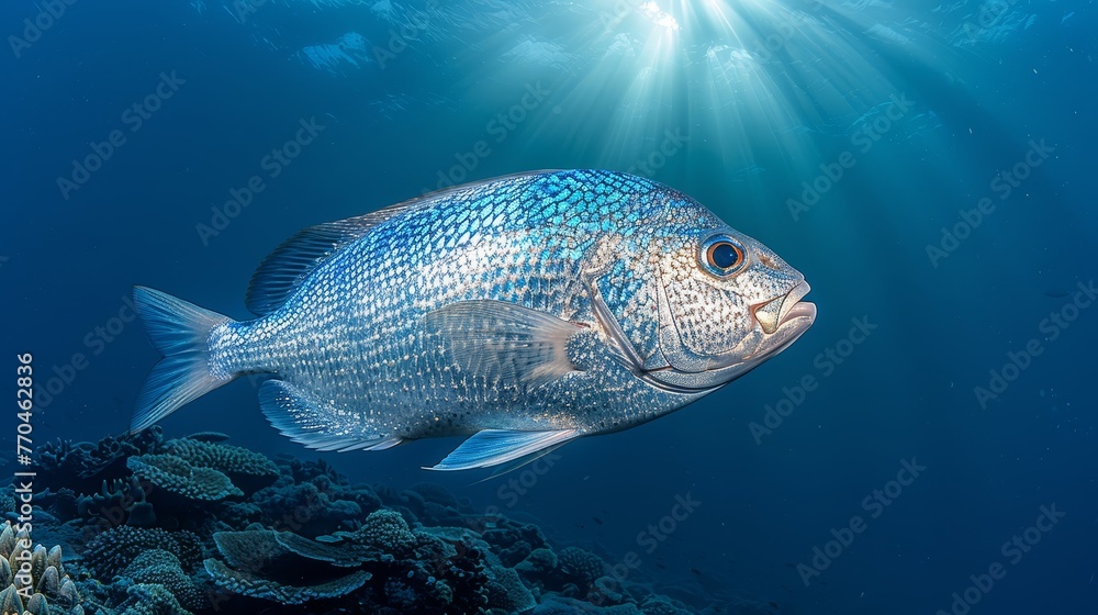 A large blue fish gracefully swims over a vibrant coral reef, bathed in the golden rays of the sun A large blue fish gracefully swims over a vibrant coral reef, bathed in the golden rays of the sun