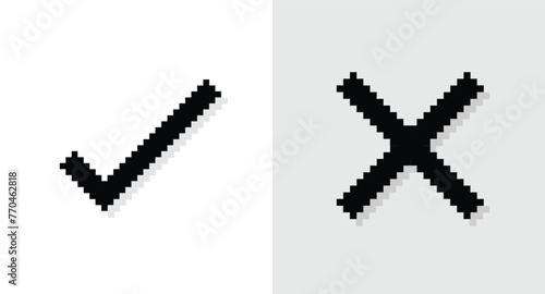 Silhouette pixel art, 90s mood, 8bit retro style silhouette check mark and cross mark, set of black tick and cross icons or symbols on pixelated style vector illustration