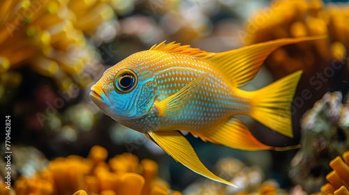  A zoomed-in picture of a vibrant blue and yellow fish surrounded by coral and greenery in the background