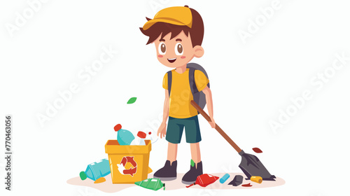 Cartoon boy collecting plastic garbage with litter sti photo