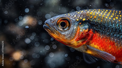  A close-up of a fish with water droplets on its back and a blurry background