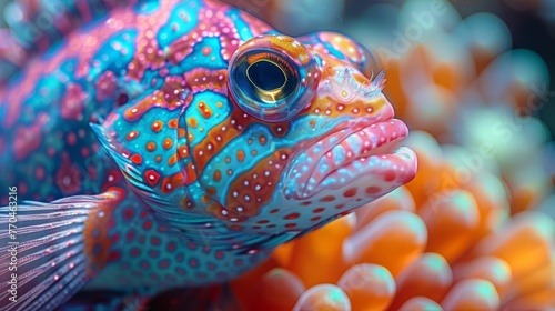  A clear photo of a vivid fish surrounded by coral, with the fish's eye in sharp focus