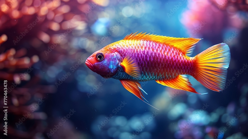 A red and yellow fish in a blue and purple aquarium with coral in the background A red and yellow fish in a blue and purple aquarium with coral in the background