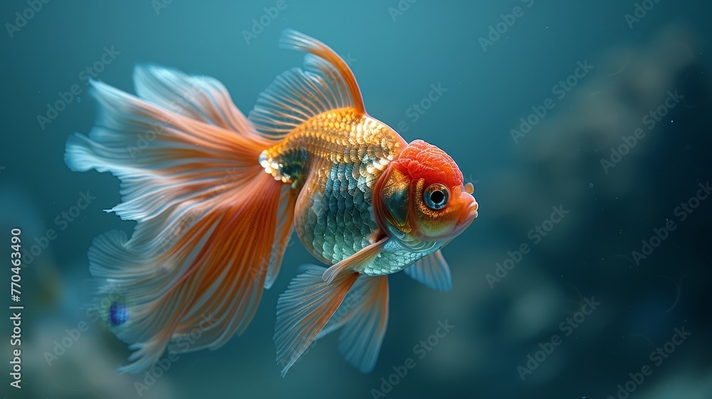 A goldfish in close-up with blue water, rocks in the backdrop, and a fish in the foreground in an aquarium A goldfish in close-up with blue water, rocks in the backdrop, and a fish in the foreground in an aquarium