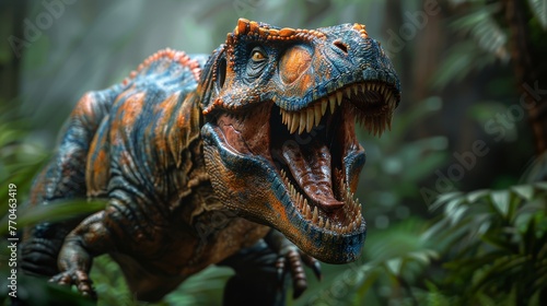   A close-up photo of a toy dinosaur amidst a dense forest landscape  surrounded by an abundance of greenery in the foreground