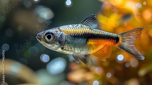  a fish in a tank with a distinct foreground plant and an out-of-focus background