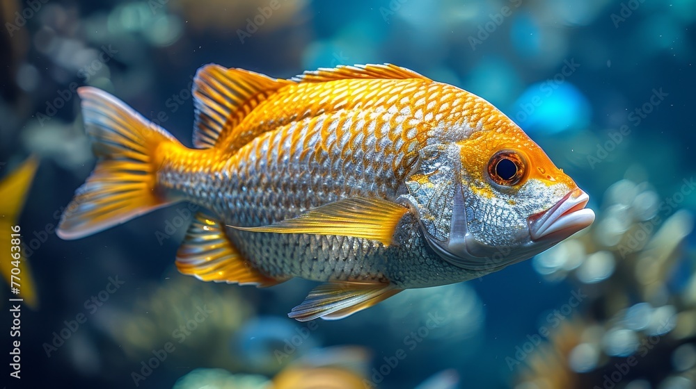 A close-up of a fish in a tank surrounded by various fish in the background water A close-up of a fish in a tank surrounded by various fish in the background water