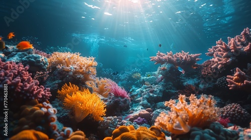   An underwater shot of a vibrant coral reef  bathed in sunlight and adorned with seaweed and colorful corals at its base