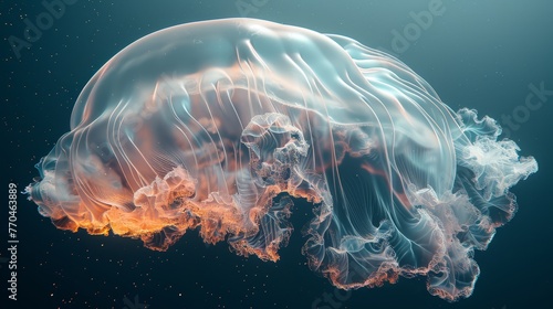  A close-up of an orange and white jellyfish in the water with smoke coming from it