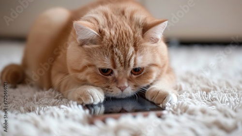 cat playing smartphone on bed.