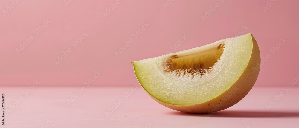 A pink table holds a partially consumed melon next to a pink backdrop A pink table holds a partially consumed melon next to a pink backdrop