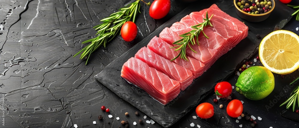 A fish on a cutting board with vegetables, including lemons and tomatoes A fish on a cutting board with vegetables, including lemons and tomatoes