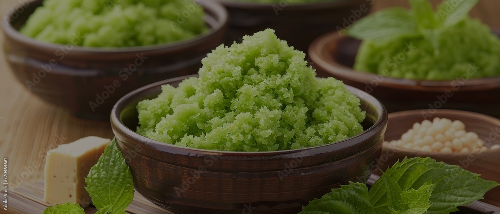 A bowl of green food in wood, surrounded by smaller bowls of green food and a chunk of cheese A bowl of green food in wood, surrounded by smaller bowls of green food and a chunk of cheese