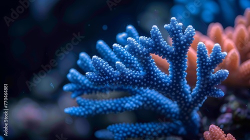   Blue and orange corals in foreground against black background