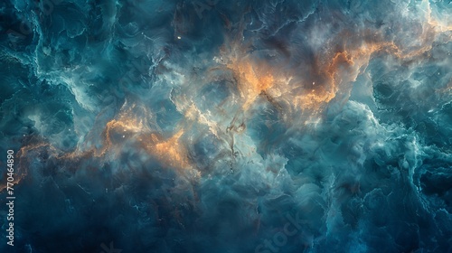   An abstract painting of blue, orange, and yellow swirls on a dark blue background with white and yellow clouds photo