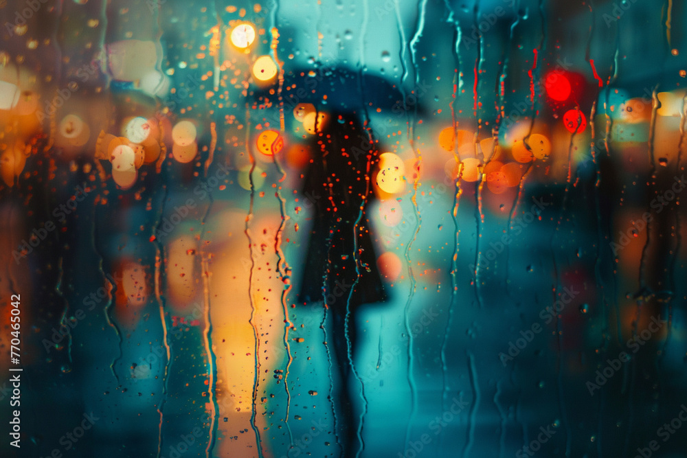 Naklejka premium View through a glass window with raindrops on a blurred silhouette of a girl with umbrella walking on autumn rain , night street scene. focus on raindrops