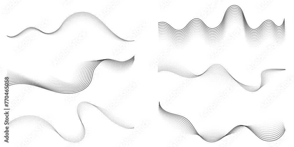 Set of flowing dot particles wave pattern halftone black gradient smooth curve shape isolated on transparent background. Vector in the concept of technology, science, music, modernity