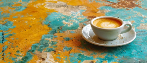   A cup of coffee on a blue-yellow painted table with a saucer underneath it