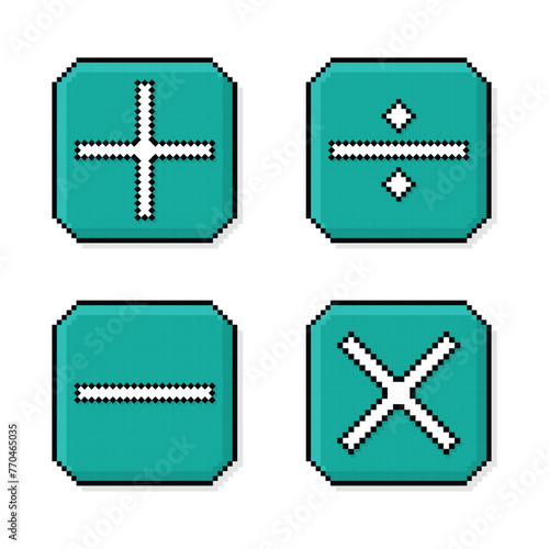 Pixel art, 90s mood, 8bit retro style plus, minus, multiply, divide, set of math page icons or symbols on pixelated style vector illustration