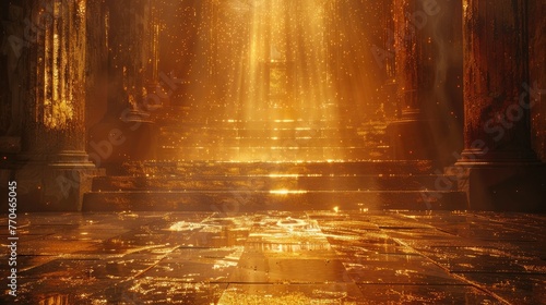 Golden sunlight streaming through a mystical ancient temple interior.